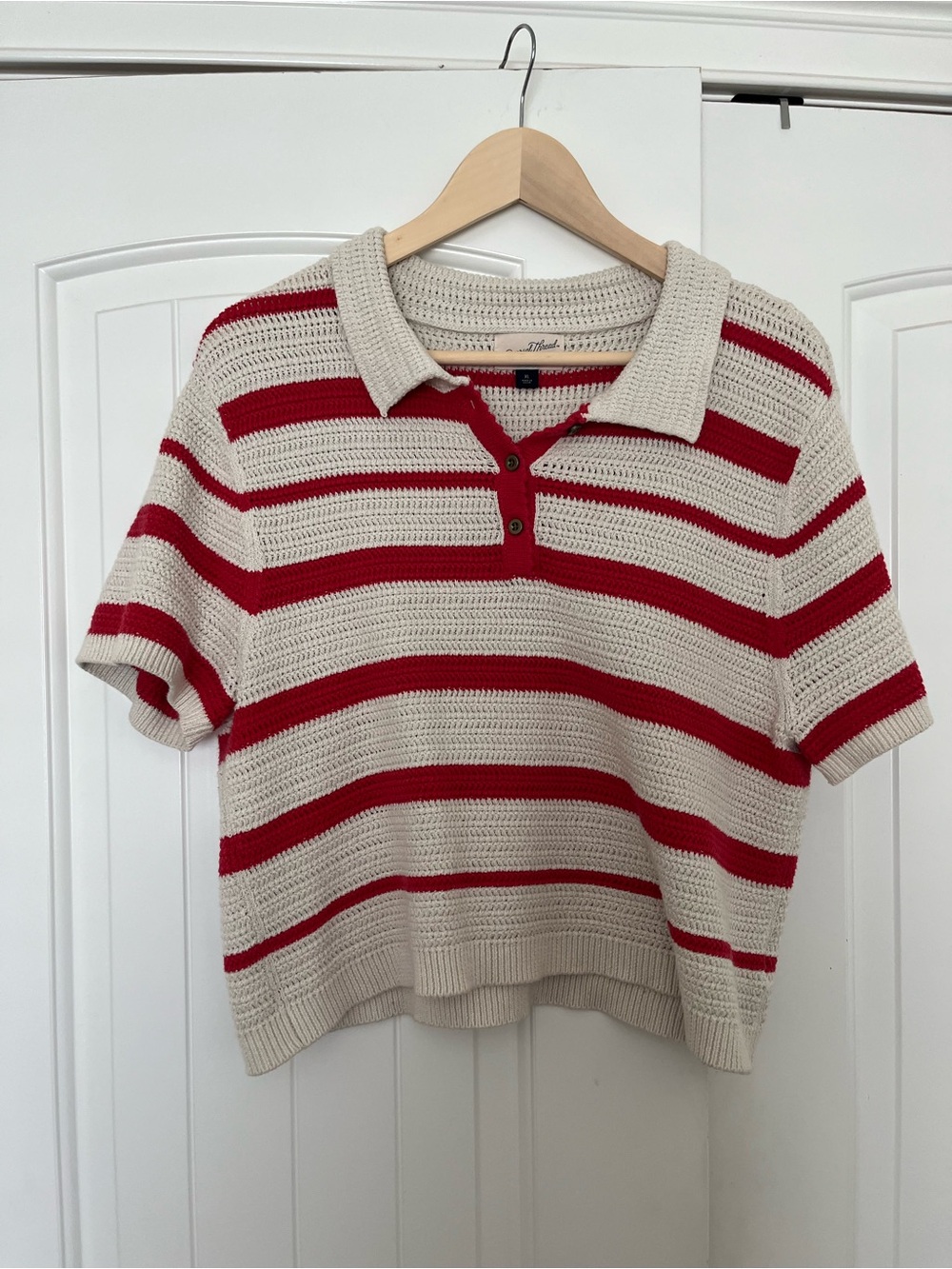 Universal Thread Cream and Red Striped Knit Polo.